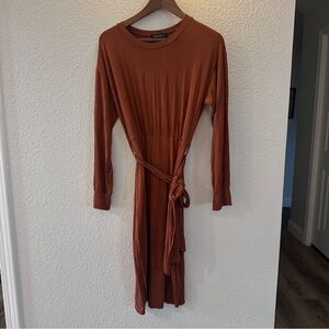 Brigitte Brianna Rust Brown Long Sleeve Midi Dress Medium - Modest Style Belted